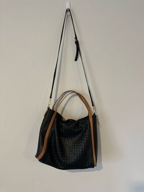 Giorgia Milani Black Leather Woven Shoulder Satchel Bag Brown Trim Made In Italy